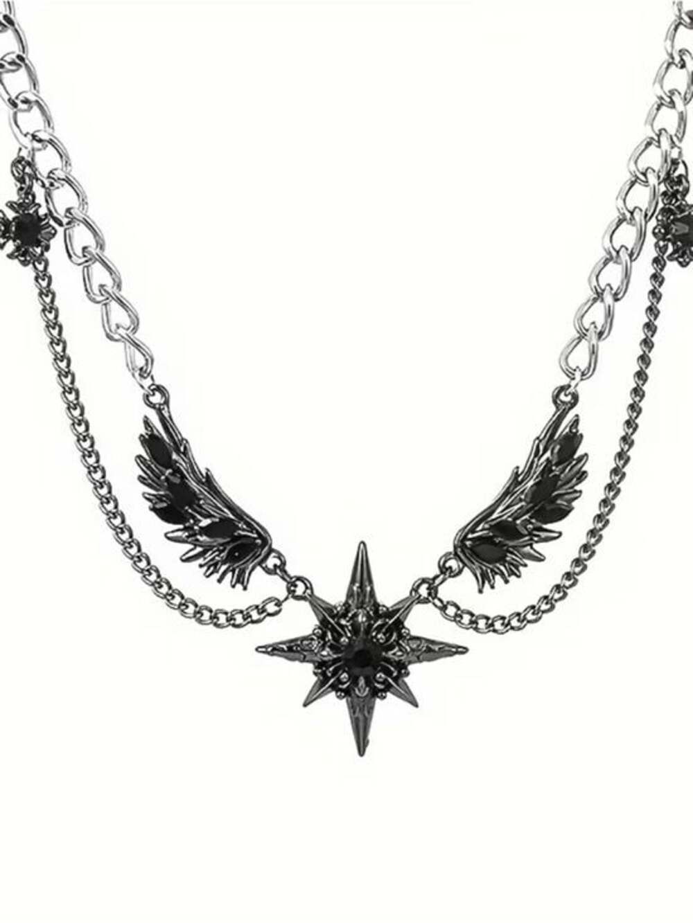 Antique Silver Star & Wing Layered Pendant Necklace - Picture 2 of 6